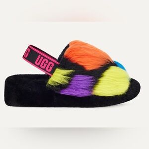 UGG Black Fuzz Slide with Hot Pink, Yellow, Blue & Purple Accents